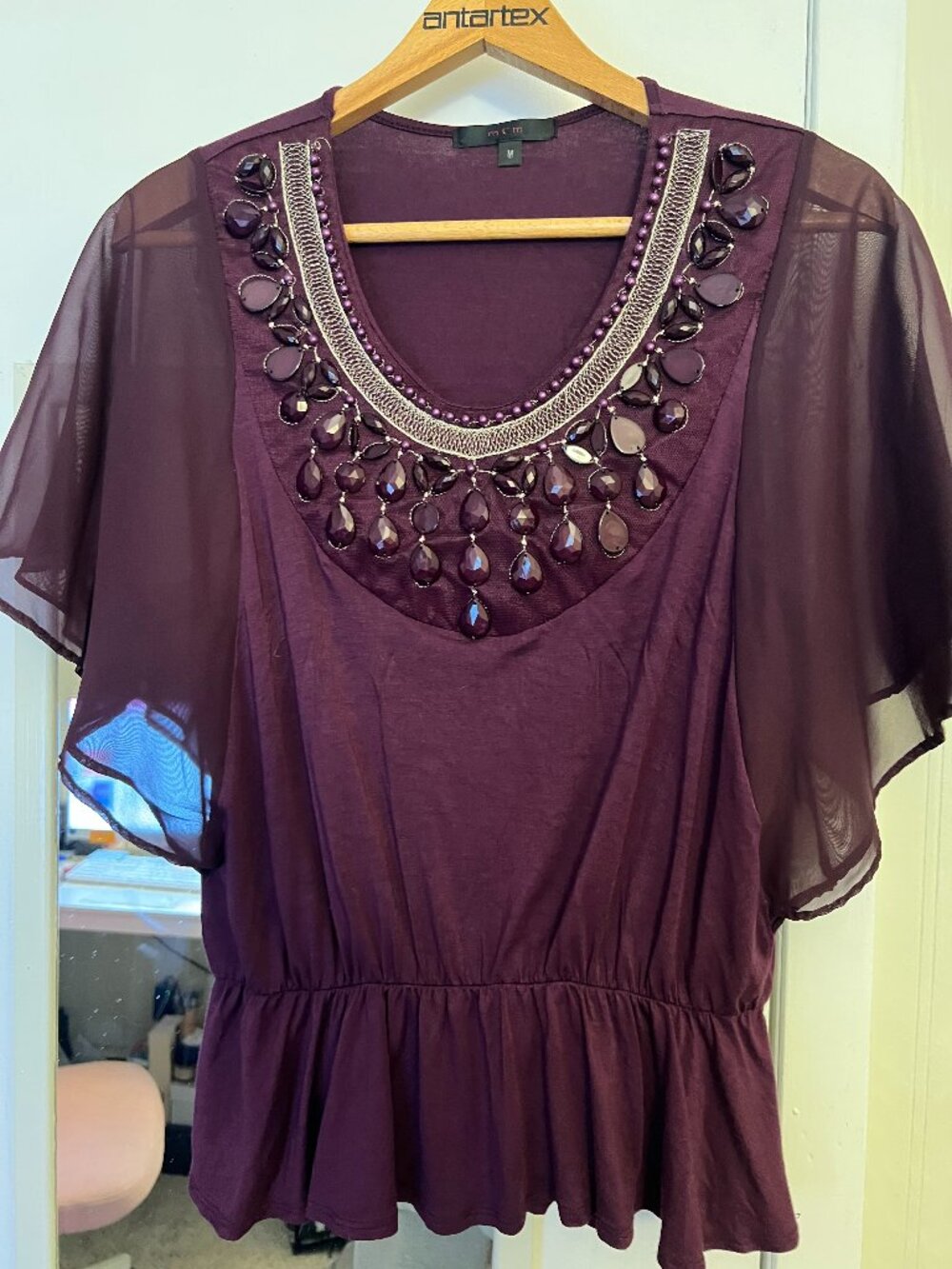 MCM Purple Embellished Sheer Sleeve Top – Medium